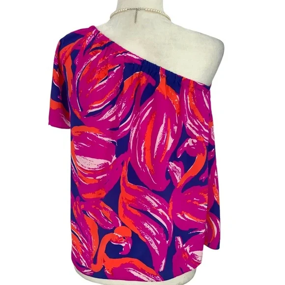 Lily Pulitzer Silk Flamingo One Shoulder Blouse C4 - Picture 5 of 11